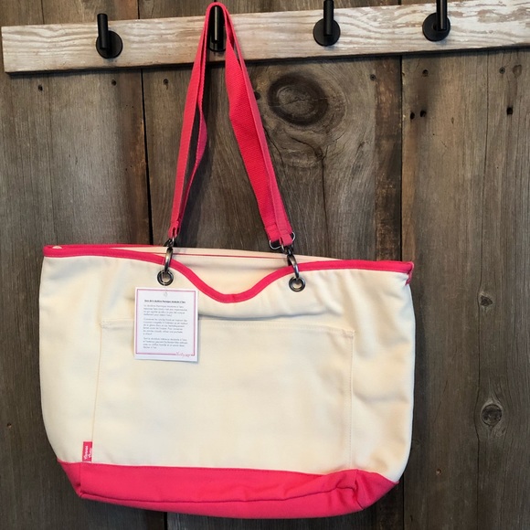 Thirty-One Canvas Crew Thermal Tote in Natural with Coral - Picture 1 of 16